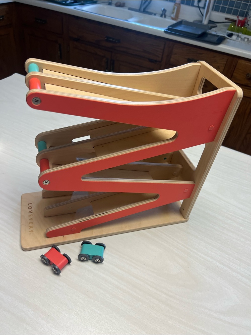 Lovevery Wooden Ramp Racer Toy - Coral and Teal
